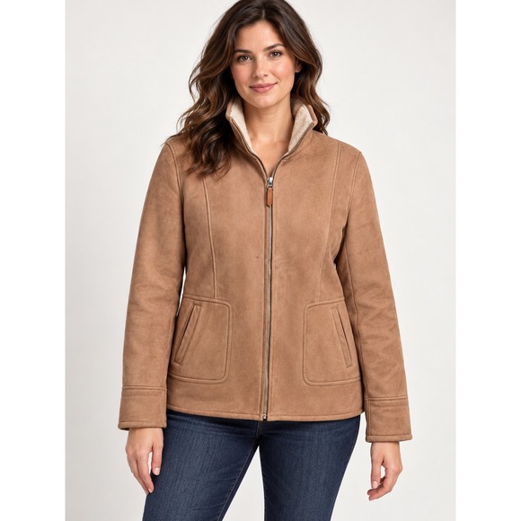 Talbots Jackets & Blazers - Talbots Womens Faux Suede Shearling Lined Jacket Camel Tan Zip Front Size Large